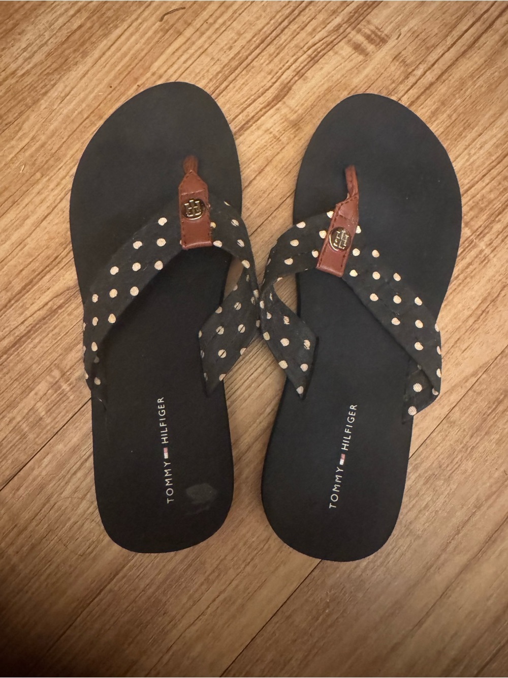 Tommy Hilfiger Black Polka Dot Thong Sandals with Brown Accents